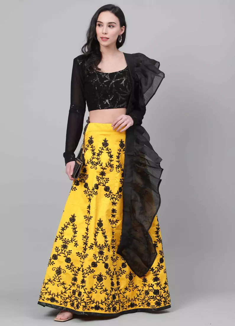 SHUBHKALA YELLOW EMBROIDERED ART SILK SEMI STITCHED LEHENGA WITH DUPATTA