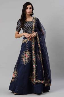 SHUBHKALA NAVY-BLUE EMBROIDERED ART SILK SEMI STITCHED LEHENGA WITH DUPATTA