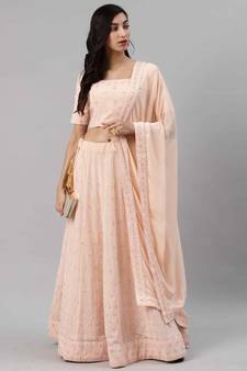SHUBHKALA PEACH EMBROIDERED GEORGETTE SILK SEMI STITCHED LEHENGA WITH DUPATTA
