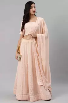SHUBHKALA PEACH EMBROIDERED GEORGETTE SILK SEMI STITCHED LEHENGA WITH DUPATTA