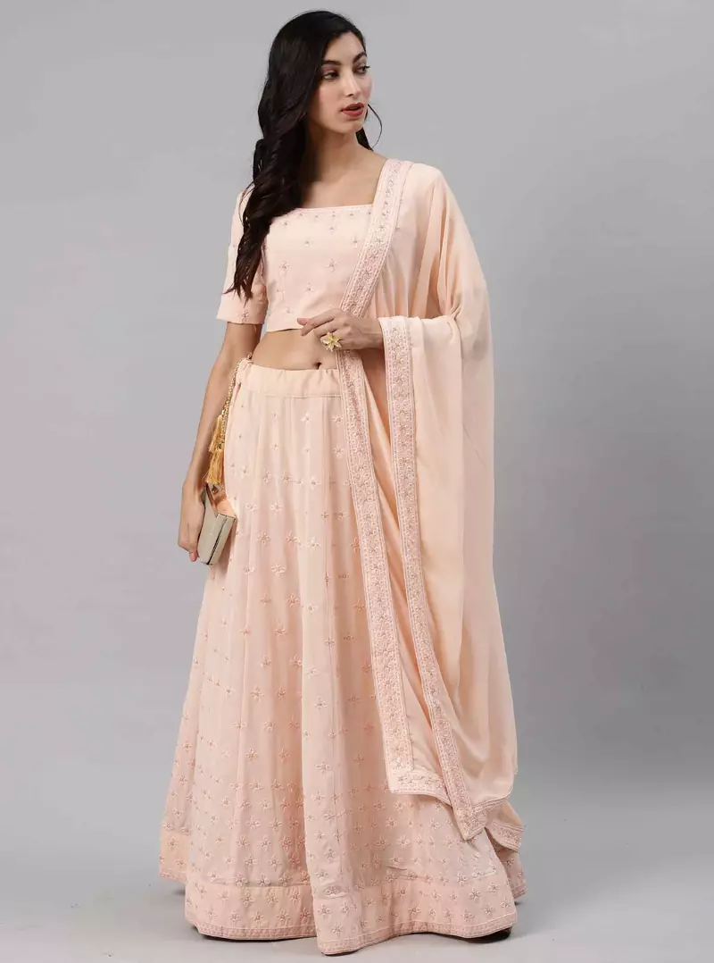 SHUBHKALA PEACH EMBROIDERED GEORGETTE SILK SEMI STITCHED LEHENGA WITH DUPATTA