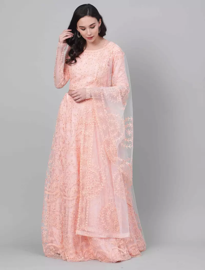 SHUBHKALA peach net embroidered   Choli Blouse with   Lehenga Ghagra with    Dupatta
