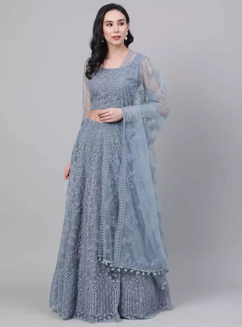 SHUBHKALA grey net embroidered   Choli Blouse with   Lehenga Ghagra with    Dupatta