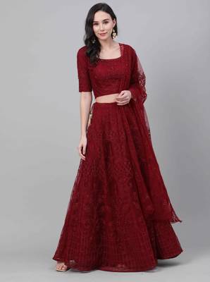 SHUBHKALA maroon net embroidered   Choli Blouse with   Lehenga Ghagra with    Dupatta 1