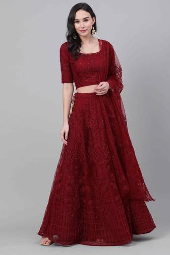 SHUBHKALA maroon net embroidered   Choli Blouse with   Lehenga Ghagra with    Dupatta