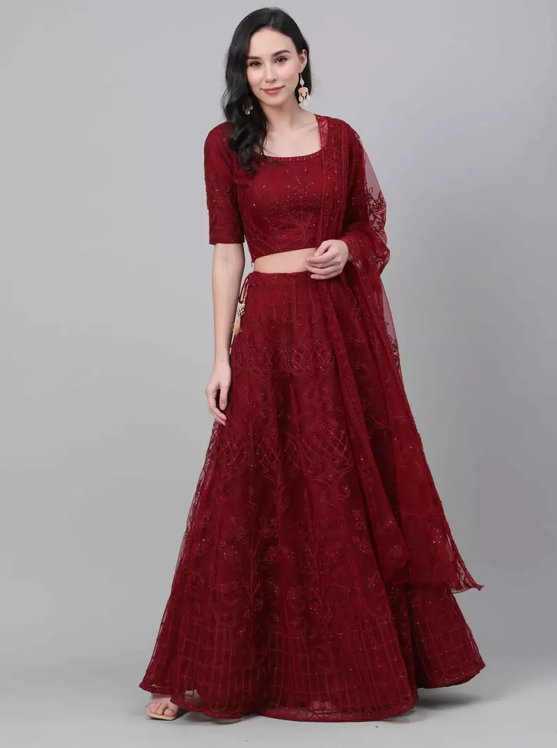 SHUBHKALA maroon net embroidered   Choli Blouse with   Lehenga Ghagra with    Dupatta