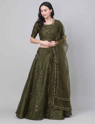 SHUBHKALA olive net embroidered   Choli Blouse with   Lehenga Ghagra with    Dupatta 1
