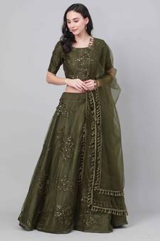 SHUBHKALA olive net embroidered   Choli Blouse with   Lehenga Ghagra with    Dupatta