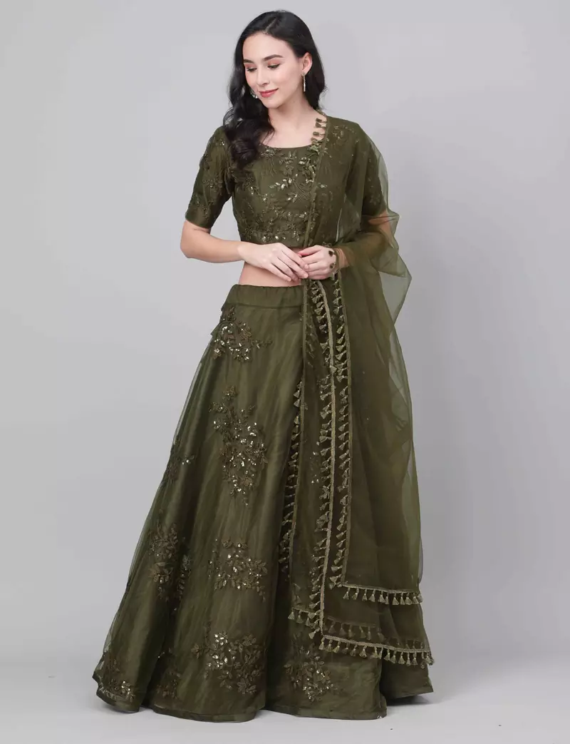 SHUBHKALA olive net embroidered   Choli Blouse with   Lehenga Ghagra with    Dupatta