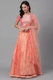 SHUBHKALA orange net embroidered   Choli Blouse with   Lehenga Ghagra with    Dupatta
