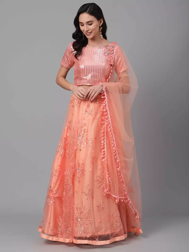 SHUBHKALA orange net embroidered   Choli Blouse with   Lehenga Ghagra with    Dupatta