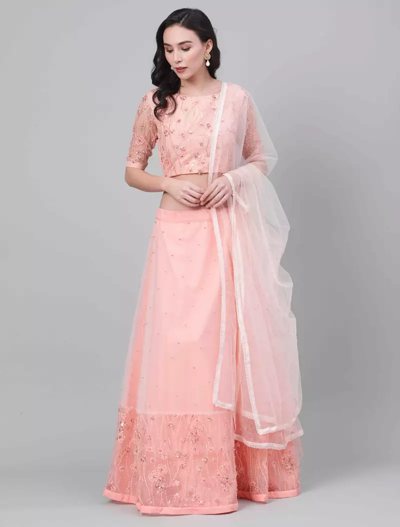 SHUBHKALA peach net embroidered   Choli Blouse with   Lehenga Ghagra with    Dupatta