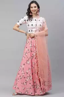 SHUBHKALA pink crepe printed   Choli Blouse with   Lehenga Ghagra with    Dupatta