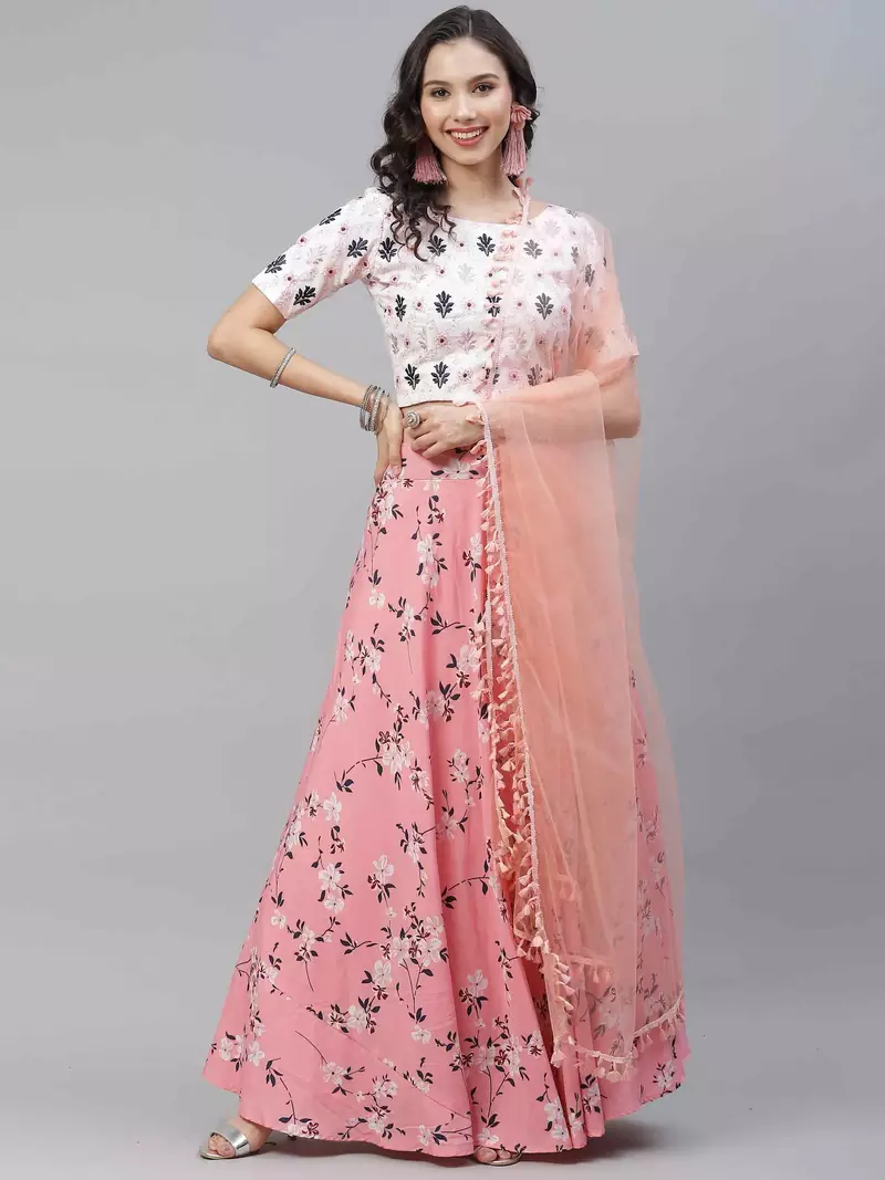 SHUBHKALA pink crepe printed   Choli Blouse with   Lehenga Ghagra with    Dupatta