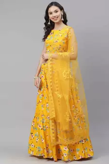 SHUBHKALA yellow crepe printed   Choli Blouse with   Lehenga Ghagra with    Dupatta