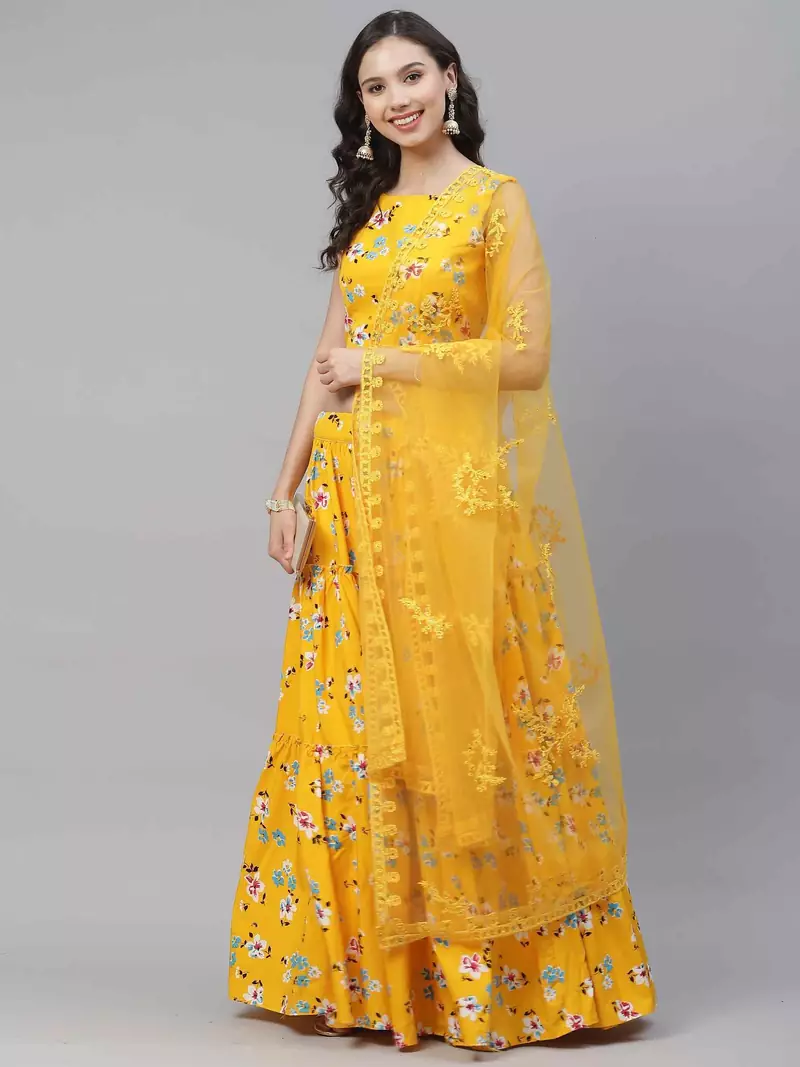 SHUBHKALA yellow crepe printed   Choli Blouse with   Lehenga Ghagra with    Dupatta