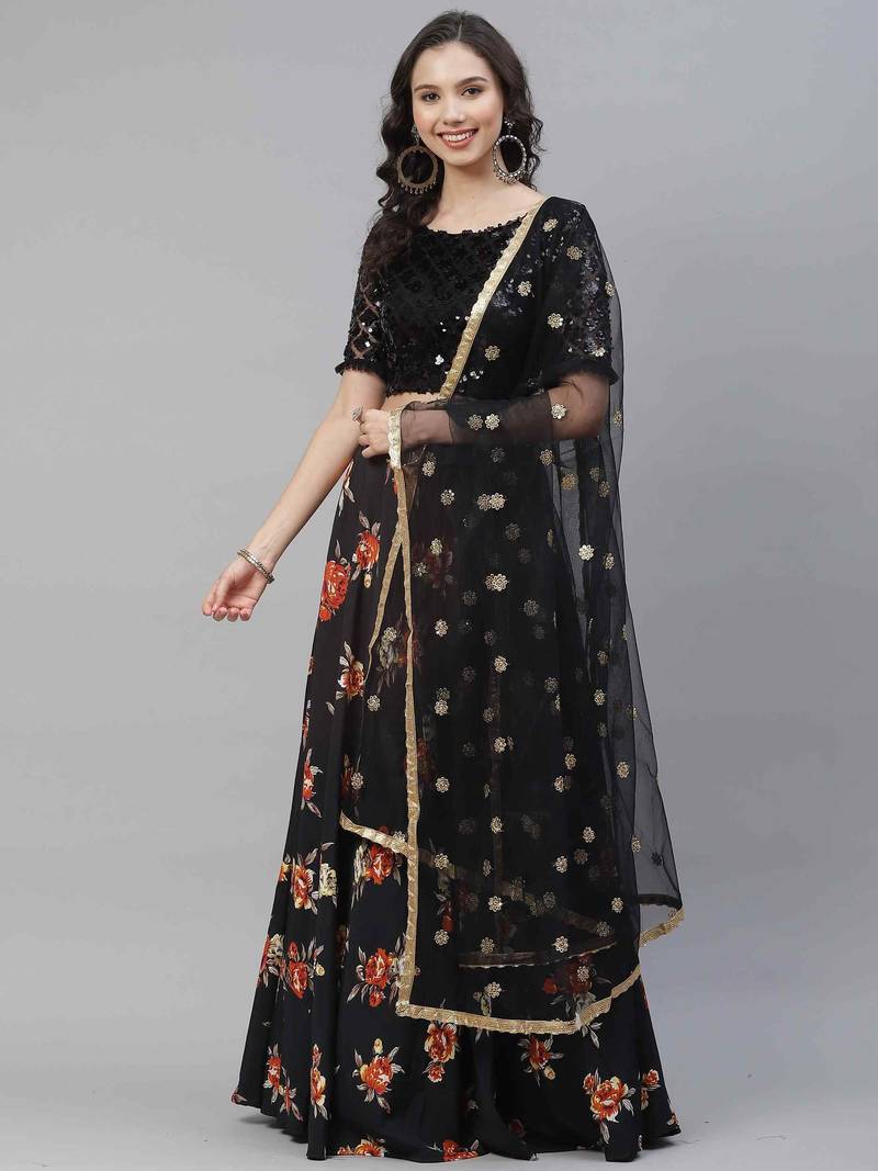 SHUBHKALA black crepe printed   Choli Blouse with   Lehenga Ghagra with    Dupatta