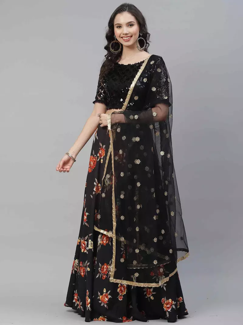 SHUBHKALA black crepe printed   Choli Blouse with   Lehenga Ghagra with    Dupatta