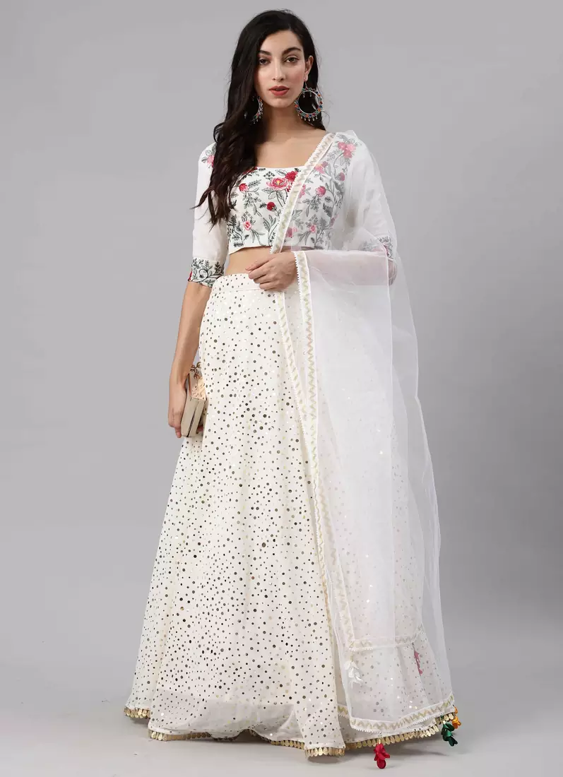 SHUBHKALA white georgette brasso   Choli Blouse with   Lehenga Ghagra with    Dupatta