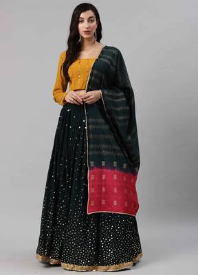 SHUBHKALA dark-green georgette brasso   Choli Blouse with   Lehenga Ghagra with    Dupatta 1