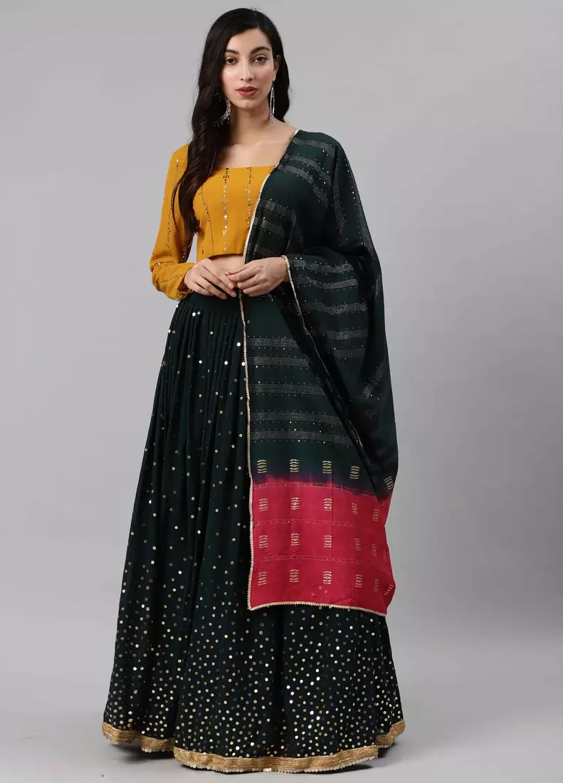 SHUBHKALA dark-green georgette brasso   Choli Blouse with   Lehenga Ghagra with    Dupatta