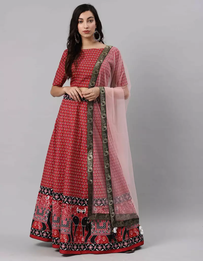 SHUBHKALA red art_silk printed   Choli Blouse with   Lehenga Ghagra with    Dupatta