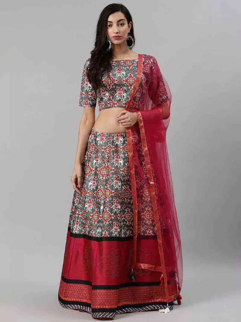 SHUBHKALA grey art_silk printed   Choli Blouse with   Lehenga Ghagra with    Dupatta