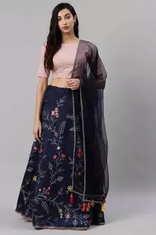SHUBHKALA navy-blue art_silk embroidered   Choli Blouse with   Lehenga Ghagra with    Dupatta
