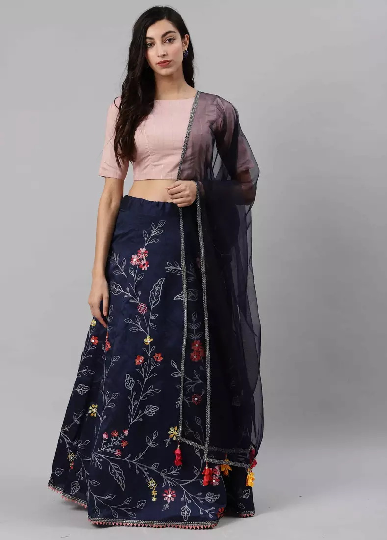 SHUBHKALA navy-blue art_silk embroidered   Choli Blouse with   Lehenga Ghagra with    Dupatta