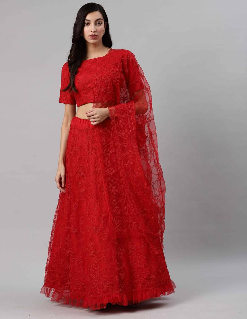 SHUBHKALA red net embroidered   Choli Blouse with   Lehenga Ghagra with    Dupatta