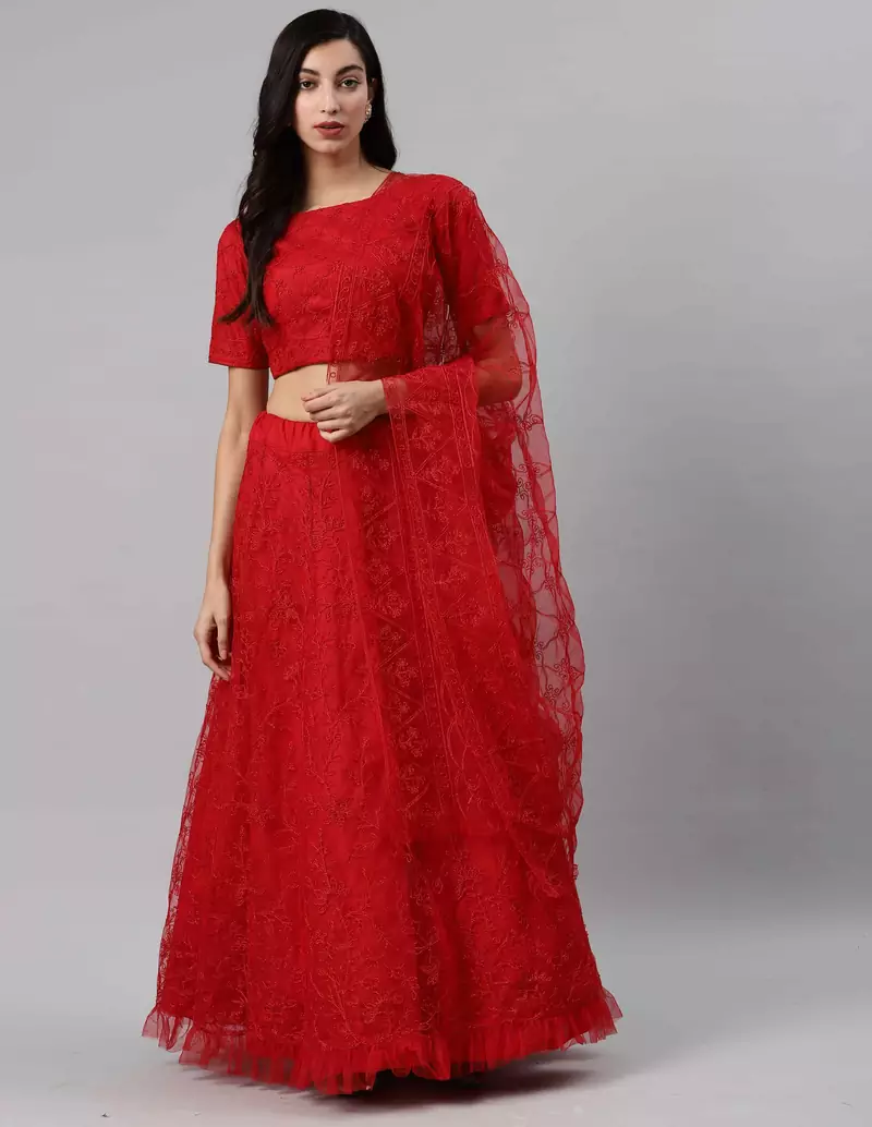 SHUBHKALA red net embroidered   Choli Blouse with   Lehenga Ghagra with    Dupatta
