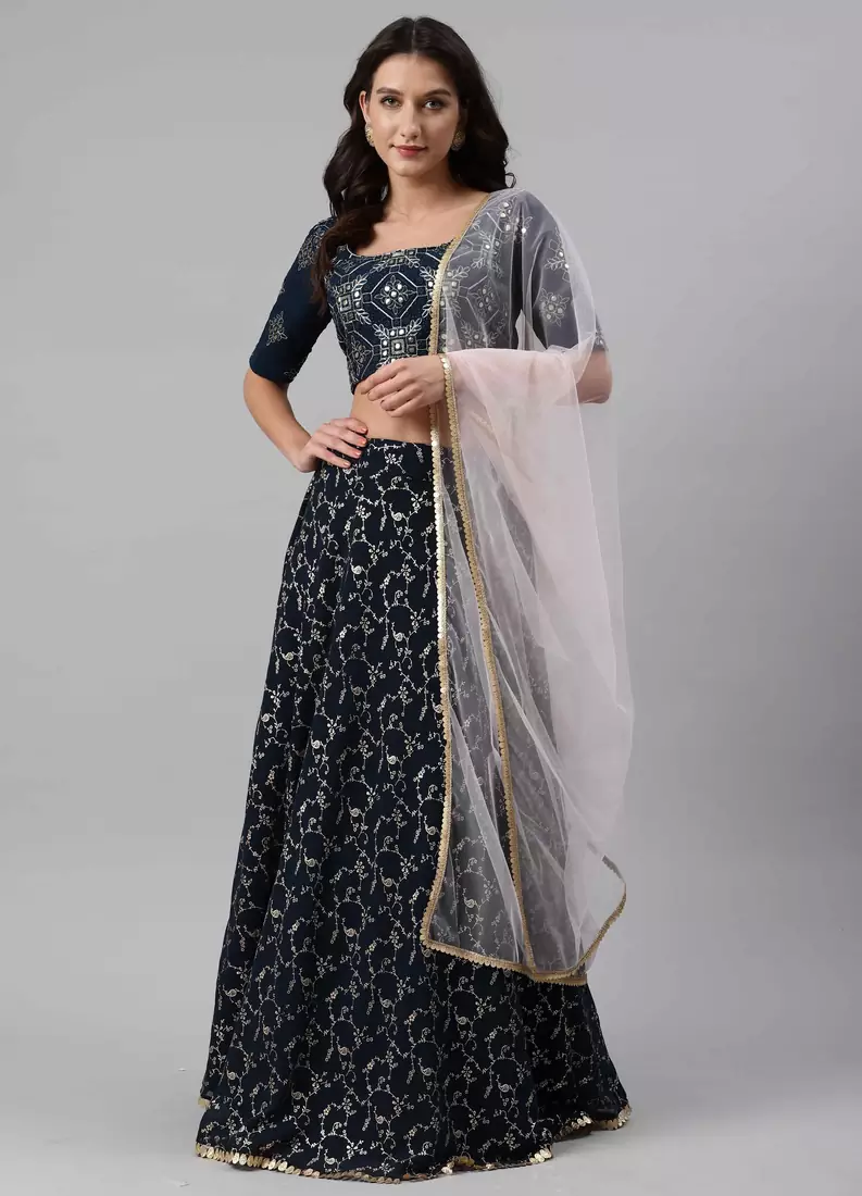 SHUBHKALA dark-blue georgette brasso   Choli Blouse with   Lehenga Ghagra with    Dupatta