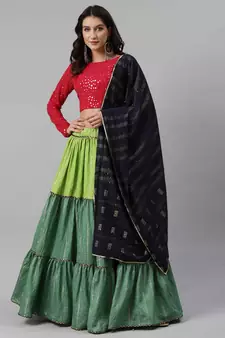 SHUBHKALA green cotton embroidered   Choli Blouse with   Lehenga Ghagra with    Dupatta