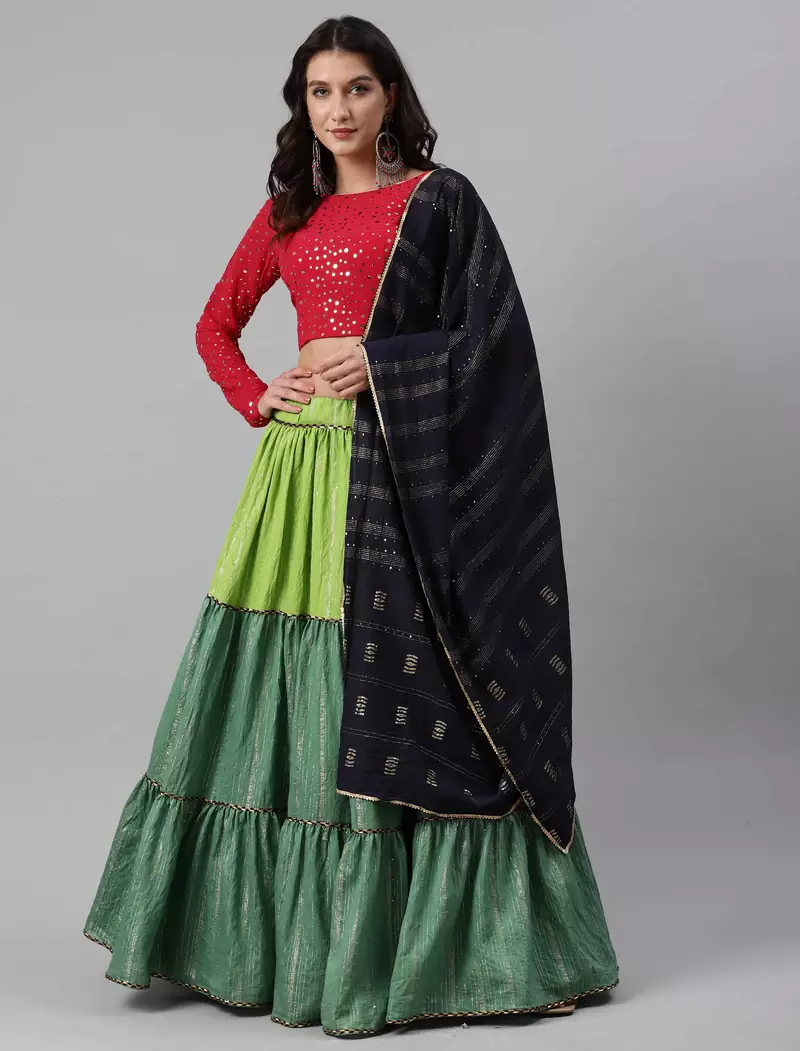 SHUBHKALA green cotton embroidered   Choli Blouse with   Lehenga Ghagra with    Dupatta