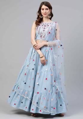 Shubhkala Sky Blue Thread With Sequins Embroidered Cotton Semi Stitched Lehenga 1