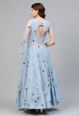 Shubhkala Sky Blue Thread With Sequins Embroidered Cotton Semi Stitched Lehenga 2