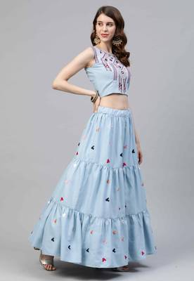 Shubhkala Sky Blue Thread With Sequins Embroidered Cotton Semi Stitched Lehenga 4