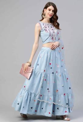 Shubhkala Sky Blue Thread With Sequins Embroidered Cotton Semi Stitched Lehenga 5