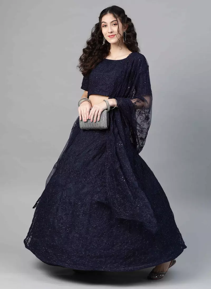 SHUBHKALA navy-blue net printed   Choli Blouse with   Lehenga Ghagra with    Dupatta