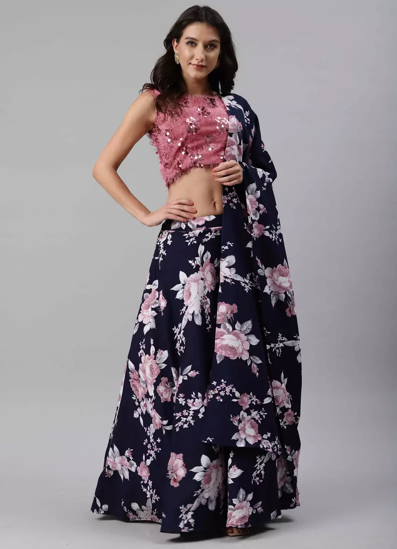SHUBHKALA navy-blue silk printed   Choli Blouse with   Lehenga Ghagra with    Dupatta