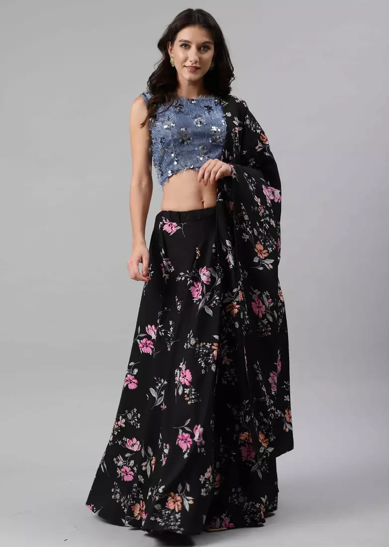 SHUBHKALA black silk printed   Choli Blouse with   Lehenga Ghagra with    Dupatta