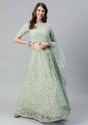 SHUBHKALA light-green net embroidered   Choli Blouse with   Lehenga Ghagra with    Dupatta 1