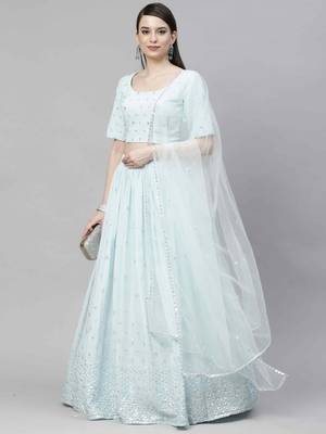 Shubhkala Sky Blue Thread And Sequins Embroidered Georgette Party Lehenga 6