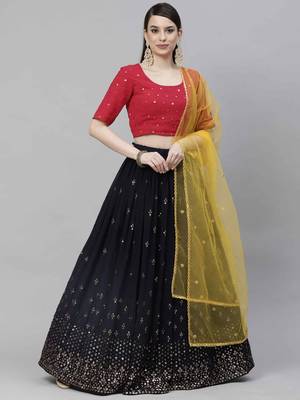 Shubhkala Navy Blue Thread And Sequins Embroidered Georgette Party Wear Lehenga 2