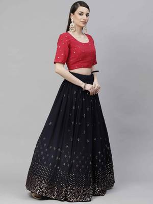 Shubhkala Navy Blue Thread And Sequins Embroidered Georgette Party Wear Lehenga 4