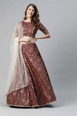 SHUBHKALA maroon silk printed   Choli Blouse with   Lehenga Ghagra with    Dupatta 1