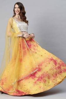 SHUBHKALA yellow cotton printed   Choli Blouse with   Lehenga Ghagra with    Dupatta