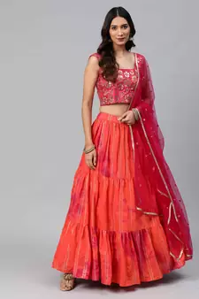 SHUBHKALA orange cotton printed   Choli Blouse with   Lehenga Ghagra with    Dupatta