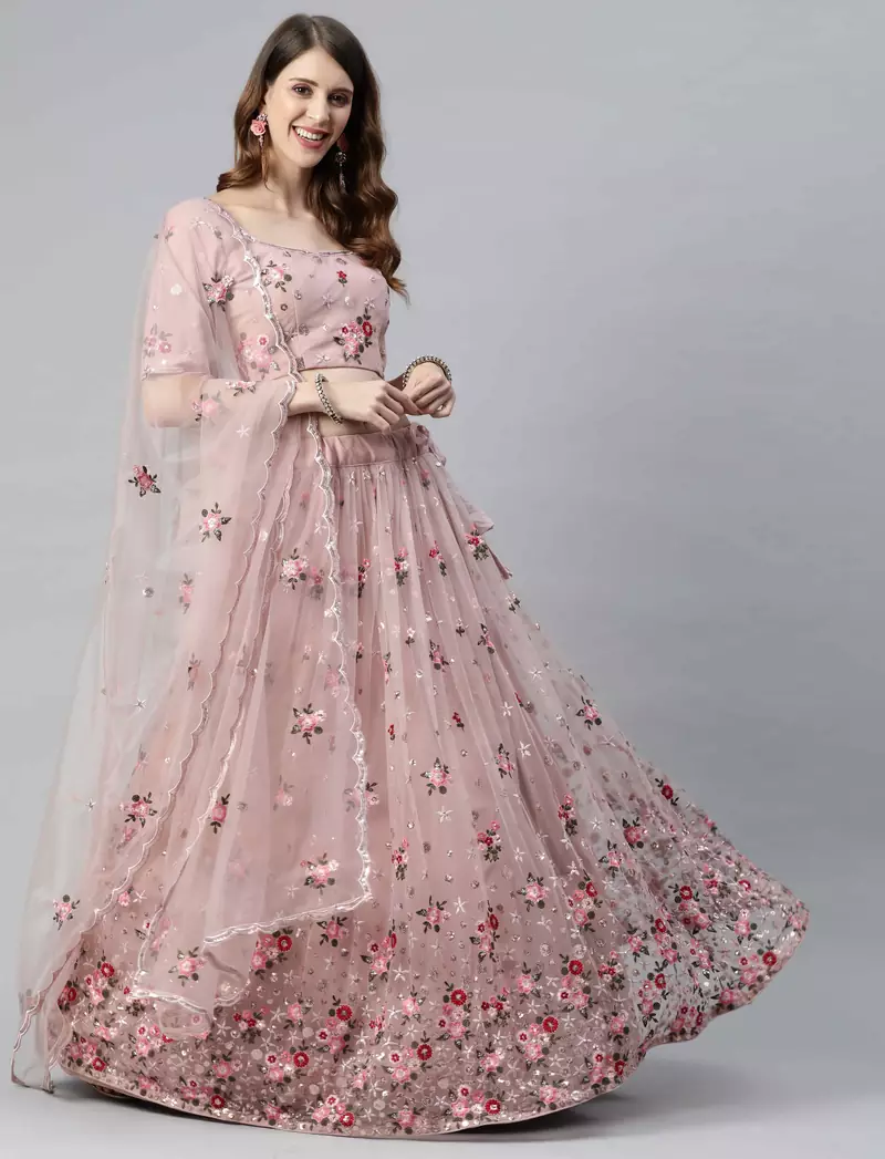 SHUBHKALA light-pink net embroidered   Choli Blouse with   Lehenga Ghagra with    Dupatta