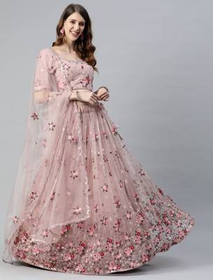 Shubhkala Net Sequin and Thread Embroidered Baby Pink Lehenga Choli 1